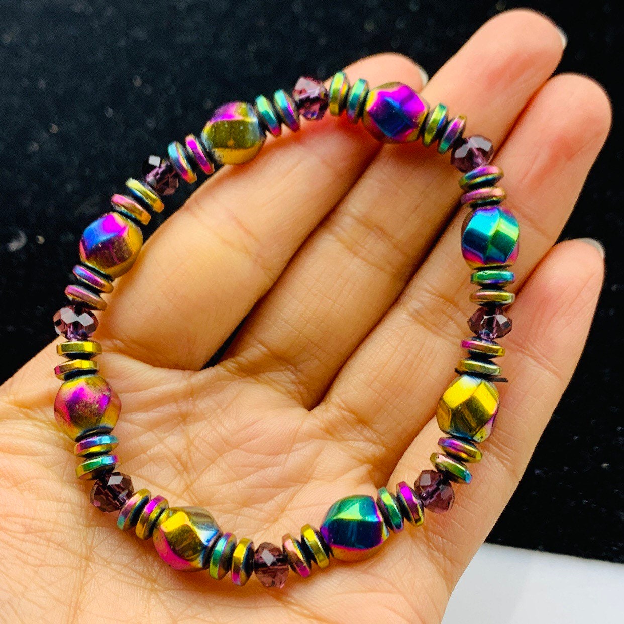 10mm 2Pcs Genuine Natural Rainbow Bismuth Crystal Gemstone Beads Bracelet  7.5