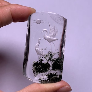 Natural garden quartz crystal hand made intaglio Red-crowned crane palm stones