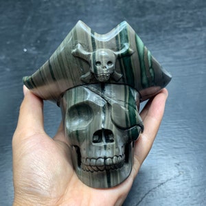 Natural Ribbon Jasper carved pirate captain skull