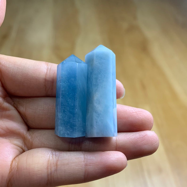 2pcs Natural blue Aquamarine gems Crystal tower point quartz with flash shiny 10