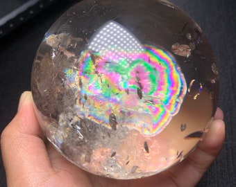 Rainbow!84mm Natural Rainbow quartz clear smoky Quartz Crystal Sphere crystal healing