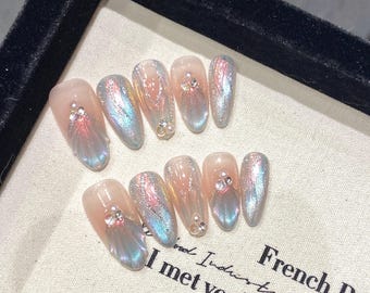 Buy 3 get 1 free!Custom press on nails/freehand sketching nails/pink cat's eye nails/Almond nails/ summer Nails /temperament nails