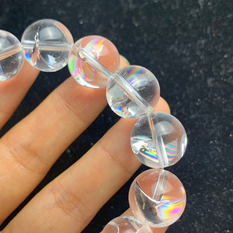 rainbows!natural clear rock quartz 14 mm bracelet-A5