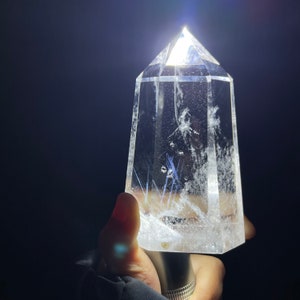 4.19&#39;&#39; Natural clear Quartz Crystal with blue angels feather inclusions Obelisk Wand 8sided tower Point crystal Healing-2