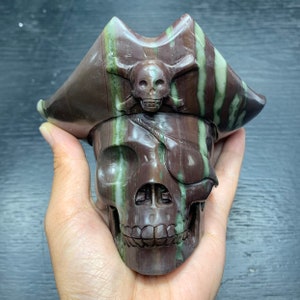 Natural Ribbon Jasper carved pirate captain skull