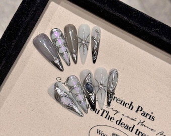 Custom press on na1ls/romantic style/freehand sketching nails/metal line nails/Almond nails/ summer Nails /temperament nails