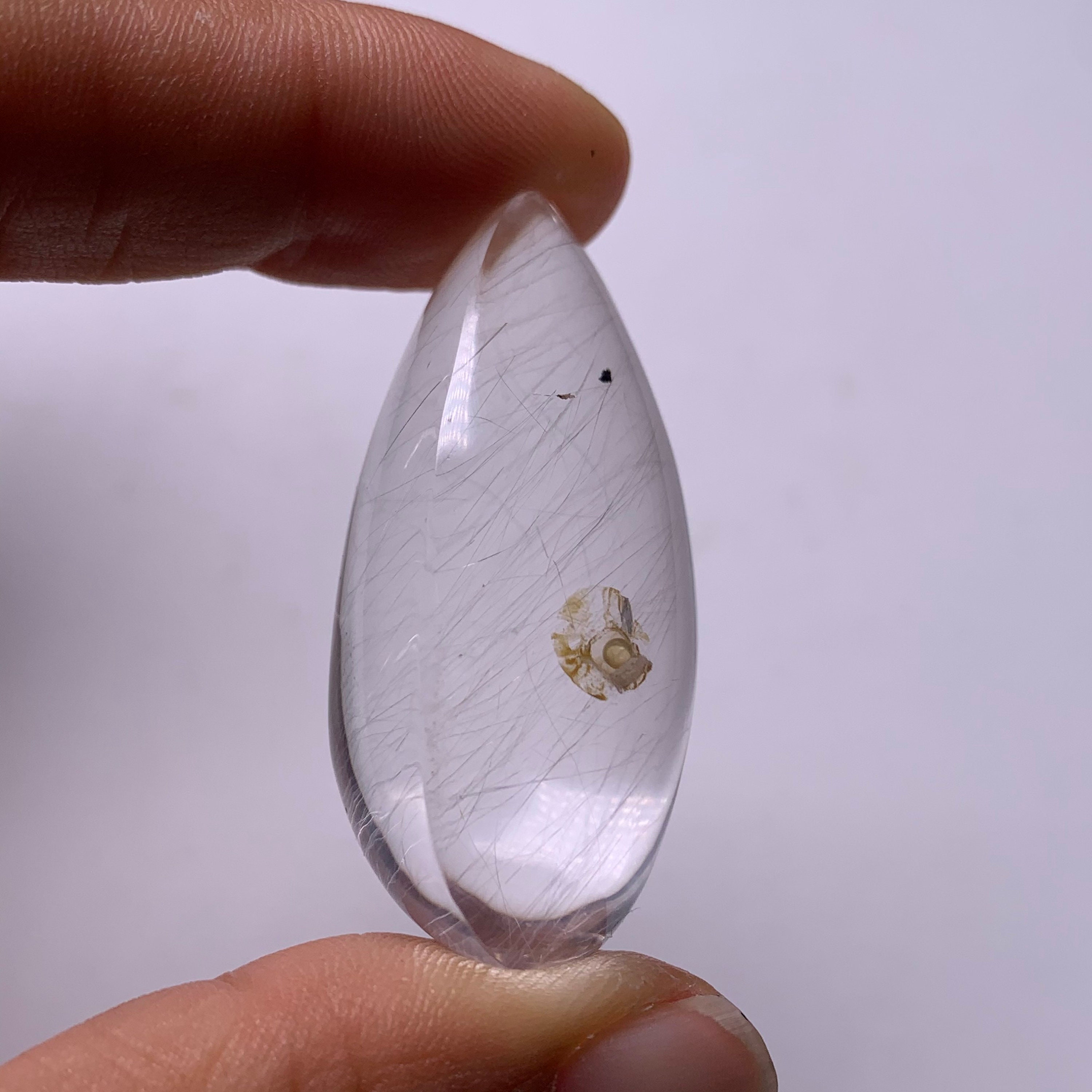 Natural rare silver rutilated quartz crystal/calcite/mobile water bubble in calcite crystal teardrop specimen