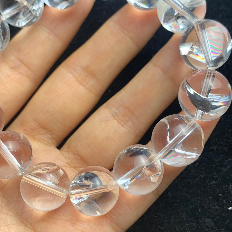 rainbows!natural clear rock quartz 14 mm bracelet-A5