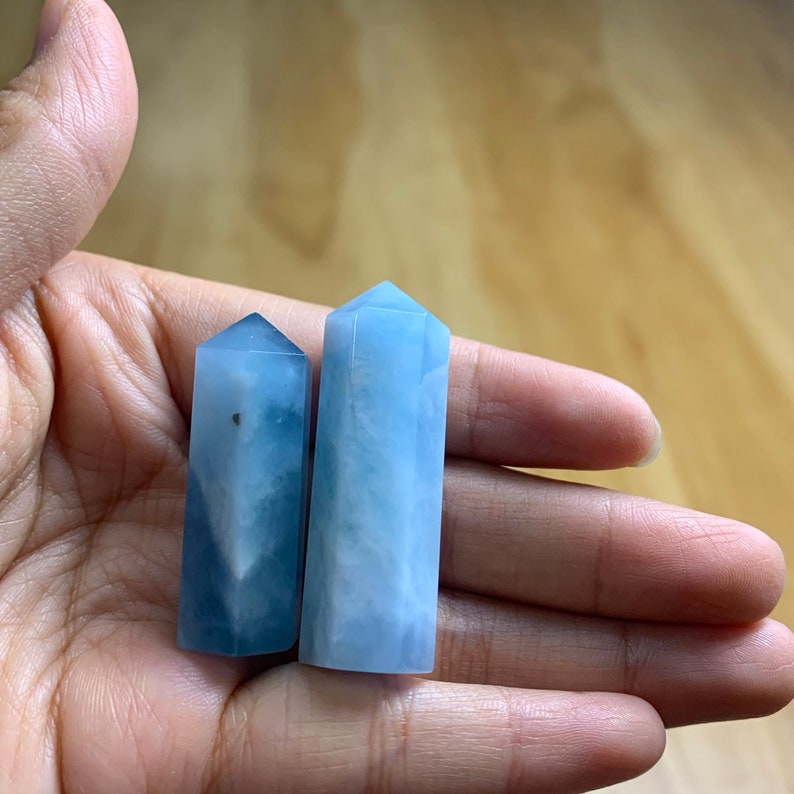 2pcs Natural blue Aquamarine gems Crystal tower point quartz with flash shiny 10