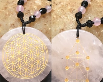 Natural rose Quartz Crystal flower & tree of life pendant necklace healling