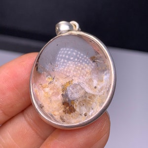 Natural Clear quartz crystal with calcite inclsion gold hair rutilated quartz silver pendant