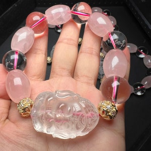 Natural clear quartz carved ganesha crystal bracelet ,clear quartz & rose quartz