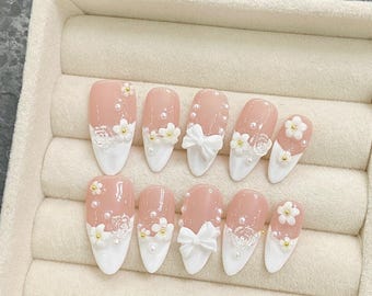 Custom press on na1ls/romantic style/freehand sketching nails/white flower nails/Almond nails/ summer Nails /temperament nails