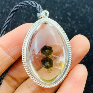 Rare semitransparent green Mica in Natural clear Quartz Crystal silver pendant crystal healing-12g