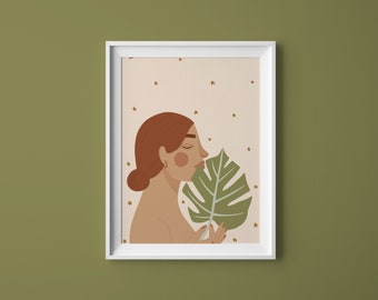 Plant Lady / A5 A4 Botanical portrait art print / Digital illustration of a woman holding a leaf