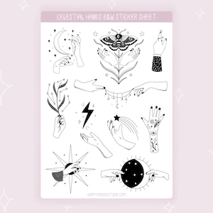 Celestial hands sticker sheet BW, Celestial stickers, Magic stickers, Moon stickers, Planner stickers, Journal stickers, Bujo, Hand stickers