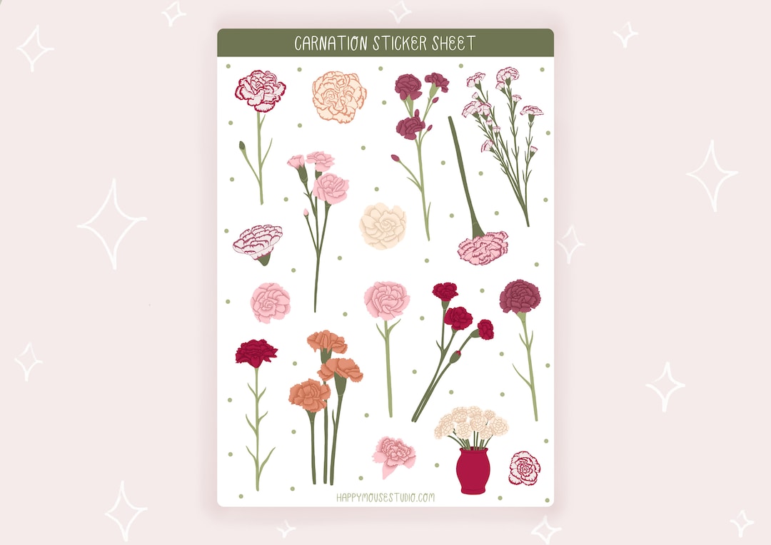 Carnation Sticker Sheet, Carnation Stickers, Floral Sticker Sheet