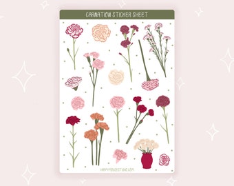 Carnation sticker sheet, Carnation stickers, Floral sticker sheet, Botanical stickers, Flower stickers, Spring stickers, Planner stickers