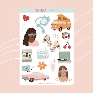 Arkusz naklejek retro, Naklejki vintage, Zestaw uroczych ilustrowanych naklejek, Naklejki do dziennika, Akcesoria do planera, Ilustracja retro, Groovy, Bujo