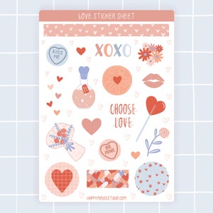 Liefde sticker vel, Valentijnssticker vel, Liefde stickers, Valentines stickers, Hart stickers, Valentijnsdag sticker, Roze sticker, Bujo