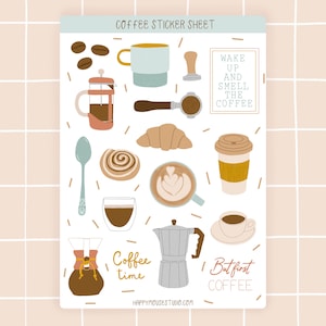 Feuille d’autocollant de café, autocollants de café, autocollants de boisson, autocollants de nourriture, autocollants confortables, autocollants mignons, amoureux de café, autocollants de planificateur de café