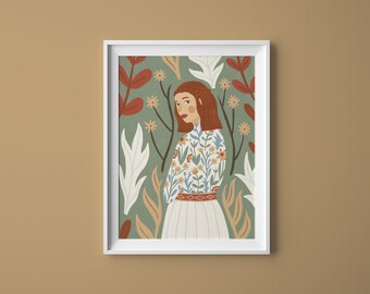 Plant Life / A5 A4 Botanical portrait art print / Digital illustration of a woman in a patterned dress