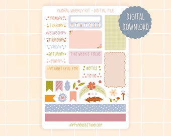 Digital floral weekly planner kit, digital planner stickers, printable planner, digital stickers, printable planner kit, printable stickers