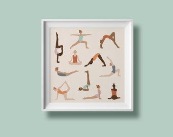 Stretch It Out / Square portrait art print / Digital illustration of women stretching in different yoga poses