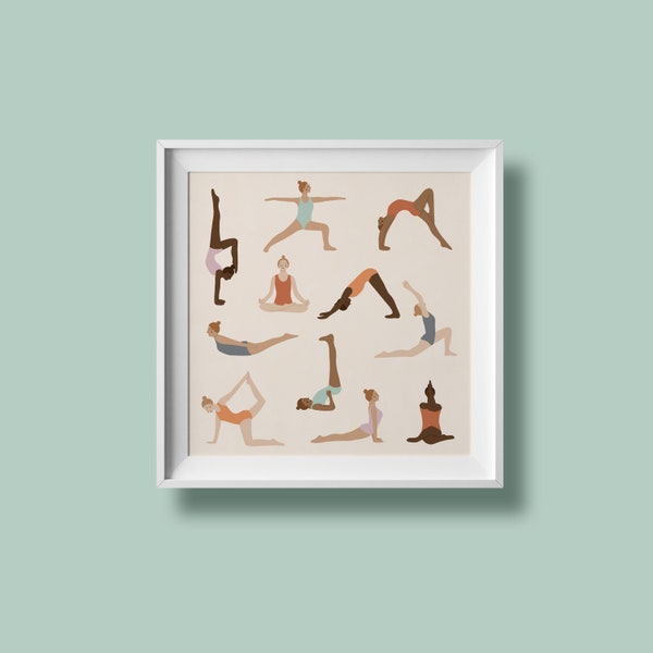 Stretch It Out / Square portrait art print / Digital illustration of women stretching in different yoga poses