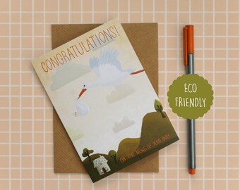 New baby card, Neutral new born, Congrats card, A6 Baby card with stork, house & clouds, Eco friendly card, Recycled card and brown envelope