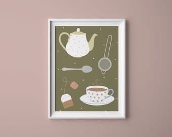 Tea Utensils art print, A5 A4 tea print, Tea illustration, Tea lovers gift, Tea time, Tea poster, Afternoon tea