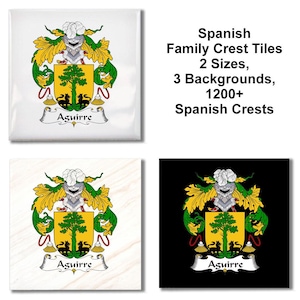 May include: Square tiles featuring the Aguirre family crest in three different background colors: white, wood grain, and black. The crest includes a shield with a tree, two animals, and a banner with the name "Aguirre". Text on the image reads "Spanish Family Crest Tiles".