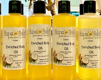 May include: Eight amber glass bottles of body oil with yellow labels. The labels have the text "Sapo de Solis" and "Corpus" and list different scents and benefits. Each bottle is 8 fluid ounces.