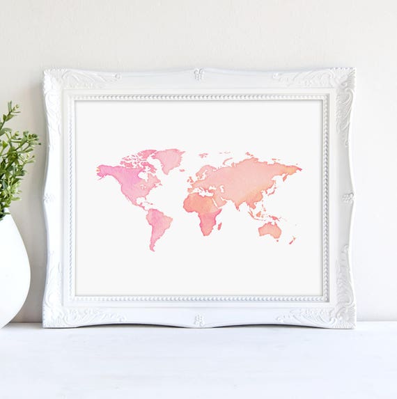 Pink World Map Print Pink Watercolor World Nursery Print | Etsy