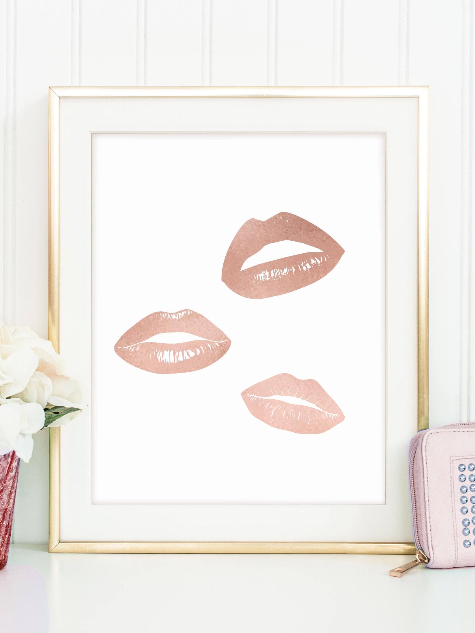 Rose Gold Rose Gold Lips Lips Print Makeup Wall Art Makeup Etsy