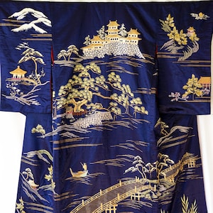 Magnificent Rare Japanese Antique Silk Kimono Meiji Furisode Retro Remake Gold Embroidery Bridge Castle River Ex Cond Woman&#39;s Robe Dress S/M