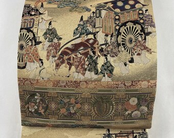 鮮やかな傑作 - 西陣織袋帯、金箔、刺繍、侍、馬、貴族、ヴィンテージ