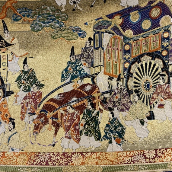 ⭐❣️粋な千八百口繻珍織。正倉院文様。金箔金糸使いの西陣織袋帯です♪ 鮮やかな傑作 - 西陣織袋帯、金箔、刺繍、侍、馬、貴族