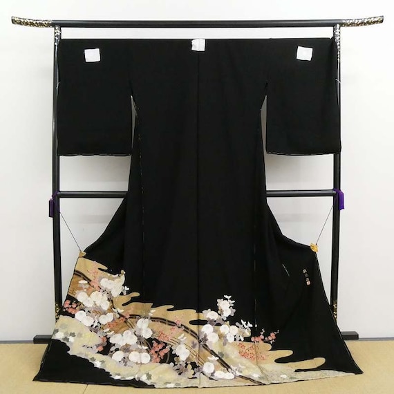 Bridge Sakura Embroidery Tomesode Japanese Vintage Silk Kimono, Untailored Karimui Basting Thread, Hand Painted Upcycle Remake Woman's Dress