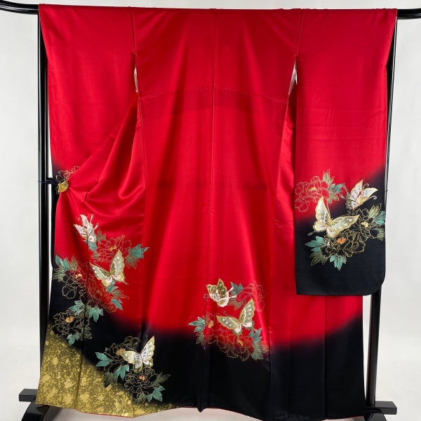 Gorgeous Slinky Furisode Silk Vintage Japanese Kimono, Butterflies, Begonias, Dramatic, Vibrant, Ex Cond Wedding Women's Robe Size M/L