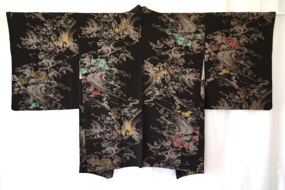 Stunning Unique Raging Waves Pattern Silk Haori, … - image 1
