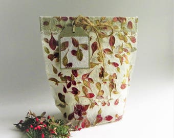 Handmade Paper Gift Bag: Burgundy Floral Packaging with Tag