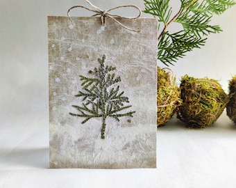 Green Christmas tree cards, Dried botanical winter art, Handmade paper notecards