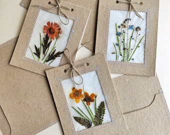 Pressed flower handmade paper cards set of 3, botanical blank notecard,  thinking of you card