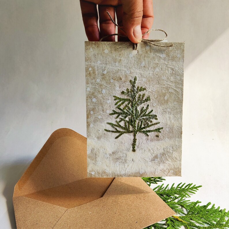 Green Christmas Tree Cards, Dried Botanical Winter Art, Handmade Paper ...