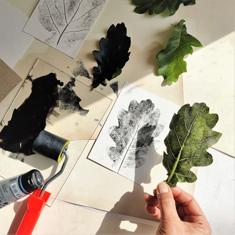 Oak leaf blank card, minimalist botanical black white monoprint image 10