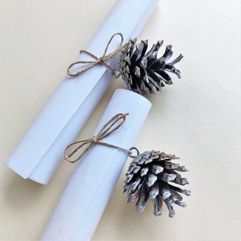 May include: Two white paper scrolls tied with twine and decorated with brown pine cones.