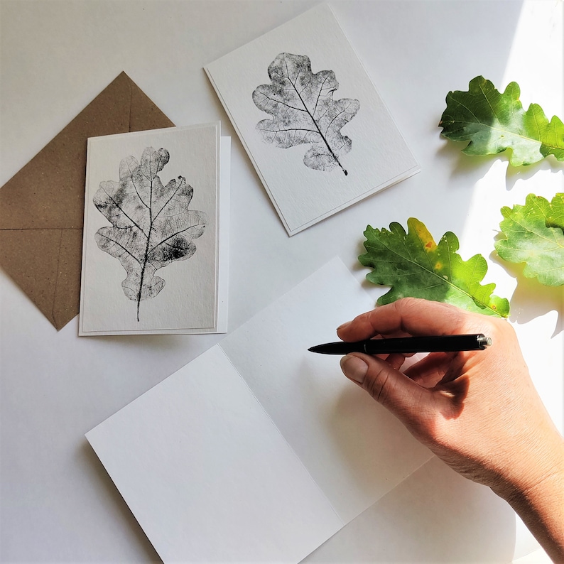 Oak leaf blank card, minimalist botanical black white monoprint image 2