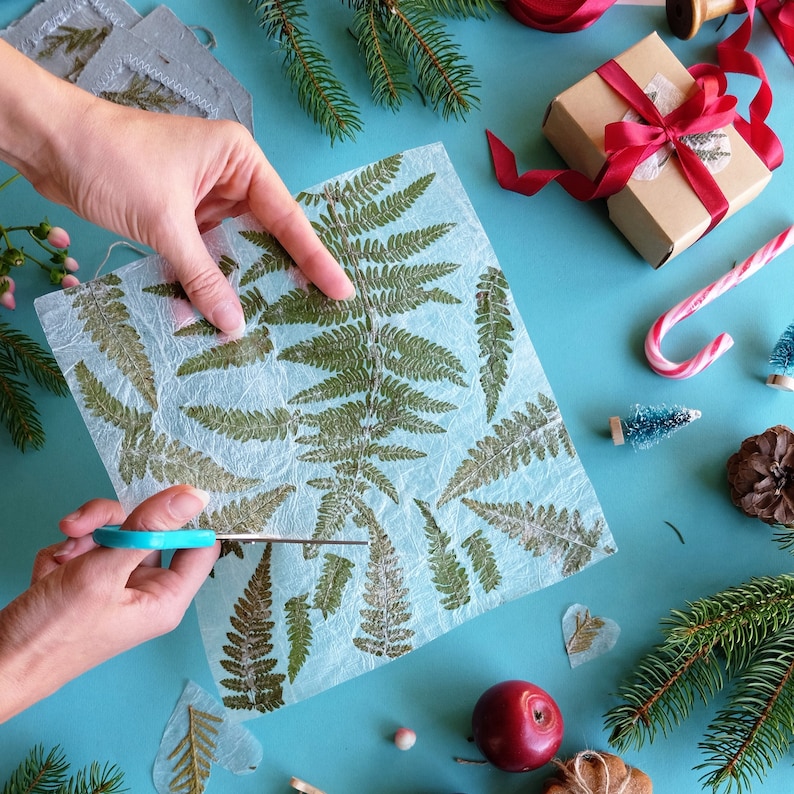 Handmade paper with real fern. Pressed fern decorative paper.