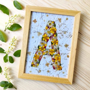 Könnte beinhalten: Ein rechteckiger Holzrahmen mit einem strukturierten hellblauen Papier. Der Buchstabe A ist in der Mitte aus verschiedenen gepressten gelben und weißen Blumen geformt. Weitere kleine getrocknete Blütenblätter sind auf dem Papier verstreut.